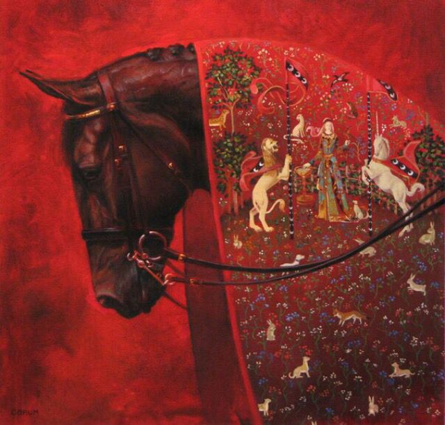 a painting of a brown horse with red walls and trees on it's side