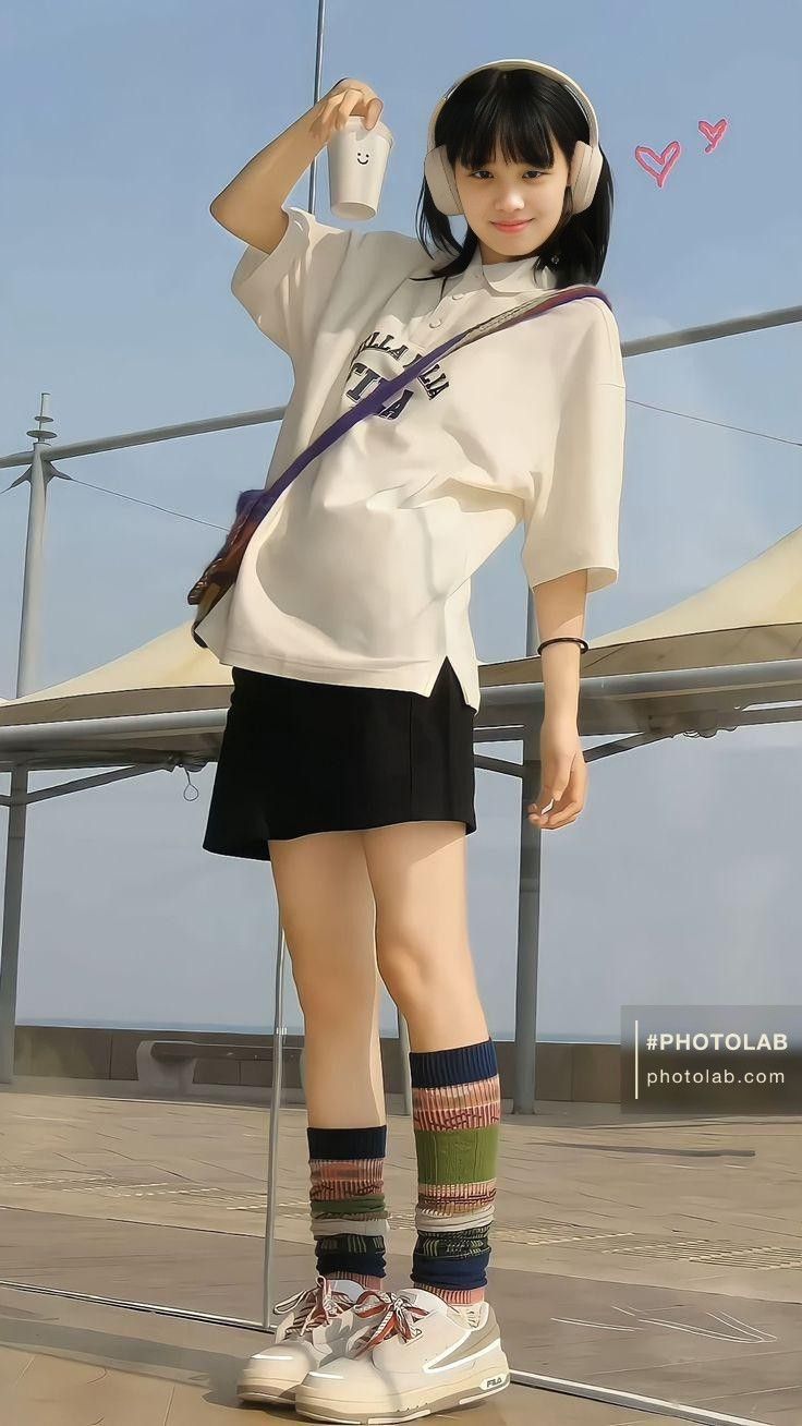 a woman in white shirt and black skirt standing on top of a metal pole with headphones