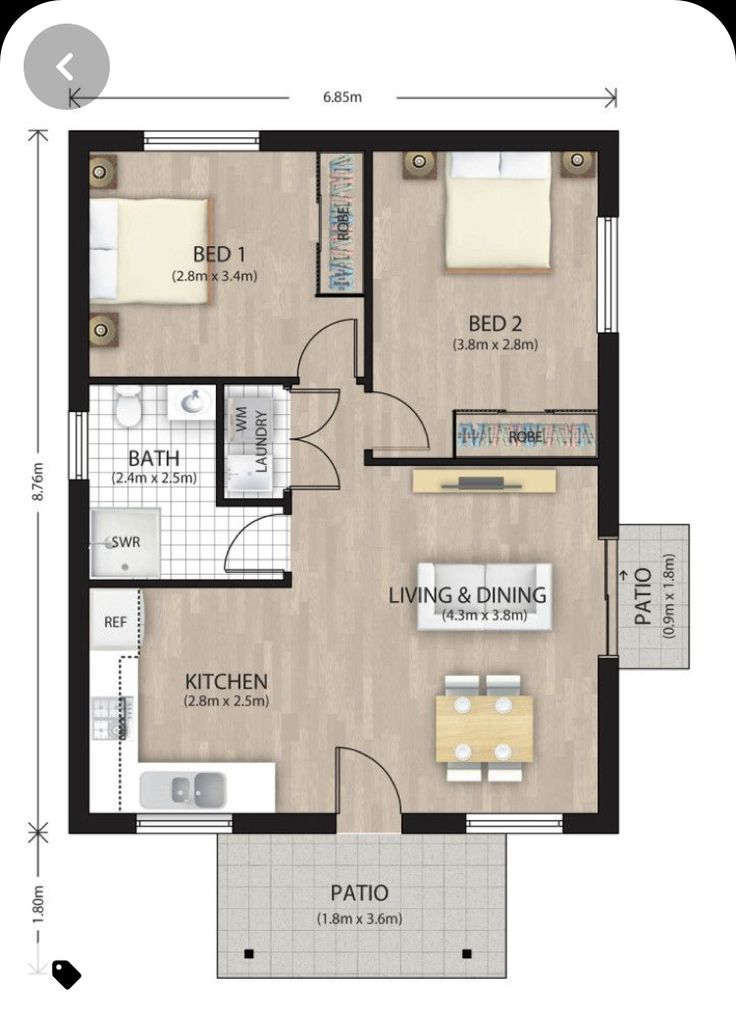 the floor plan for a two bedroom apartment with an attached kitchen and living room area