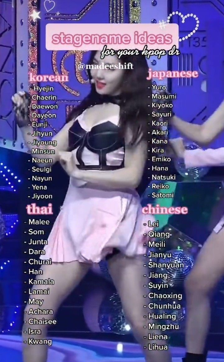 Kpop Female Rappers, Good Stage Names, Cute Kpop Group Name Ideas, Stage Names Kpop Ideas, Kpop Shifting Stage Names, Newjeans Username Ideas Kpop, Kpop Business Name Ideas, Kpop Idols Name List, Cute Stage Names