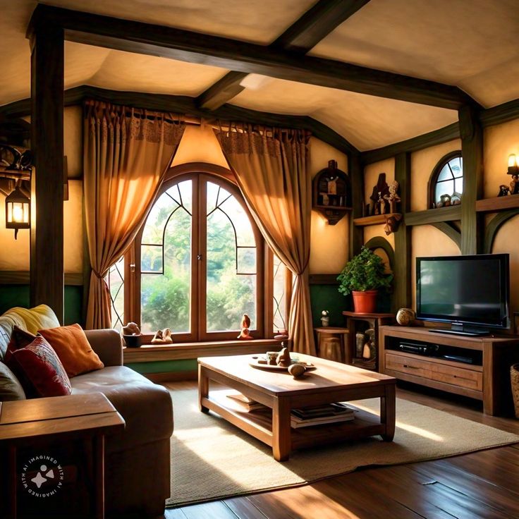 a living room filled with furniture and a flat screen tv sitting on top of a wooden table