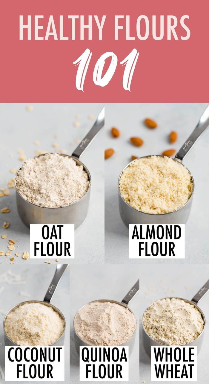 four different types of flour in measuring cups with the words healthy flour 101 on them