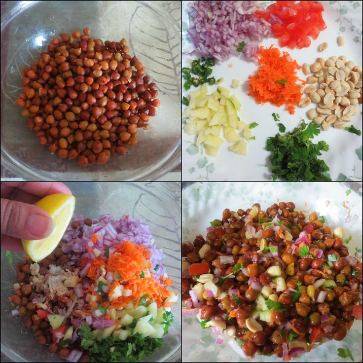 four pictures showing different types of food being made in bowls, including carrots, onions, celery, and rice