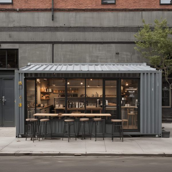 the outside of a small restaurant with tables and stools in front of an industrial building