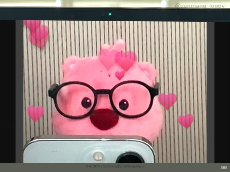 a cell phone with a pink bird wearing glasses on it's face next to a wall