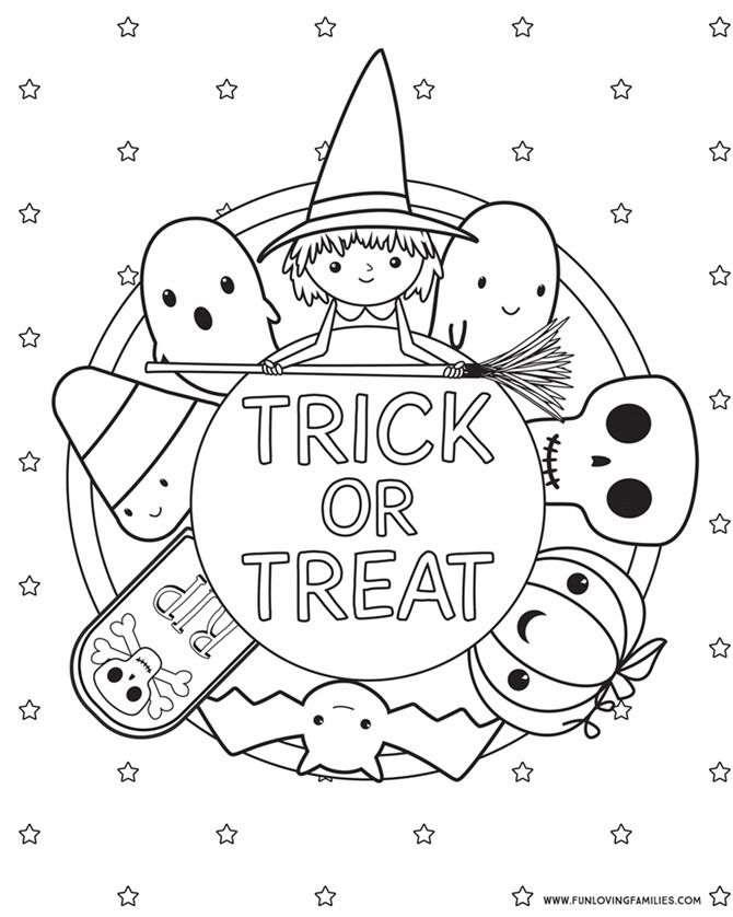 trick or treat coloring page with witches and pumpkins in the center, surrounded by stars