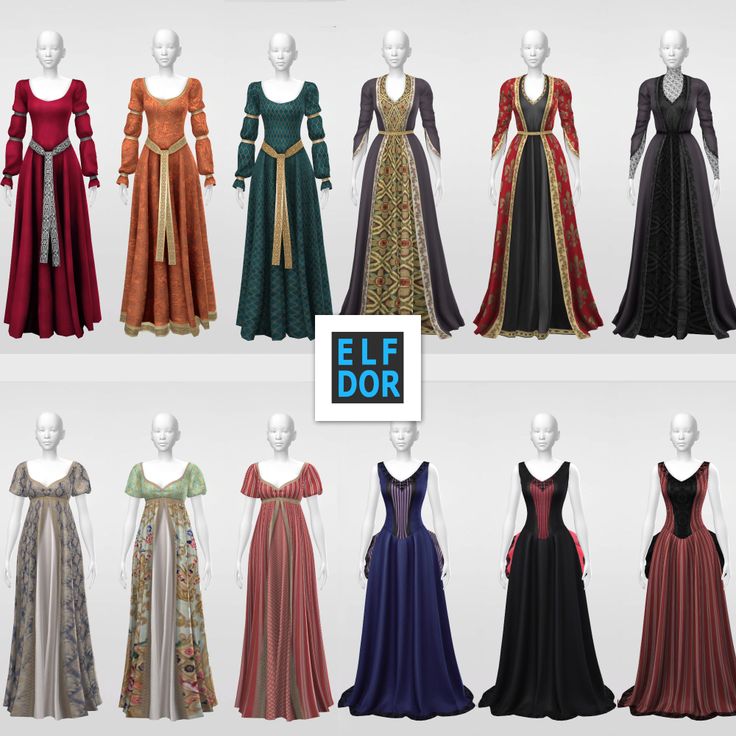 several dresses are shown in different colors and sizes, with the words eff dor above them