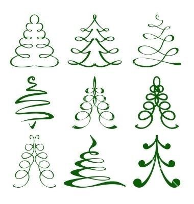 a set of twelve christmas trees with swirls and ornaments on them, all drawn in green ink