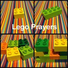 four pictures of legos sitting on top of a colorful blanket with the words lego prayer