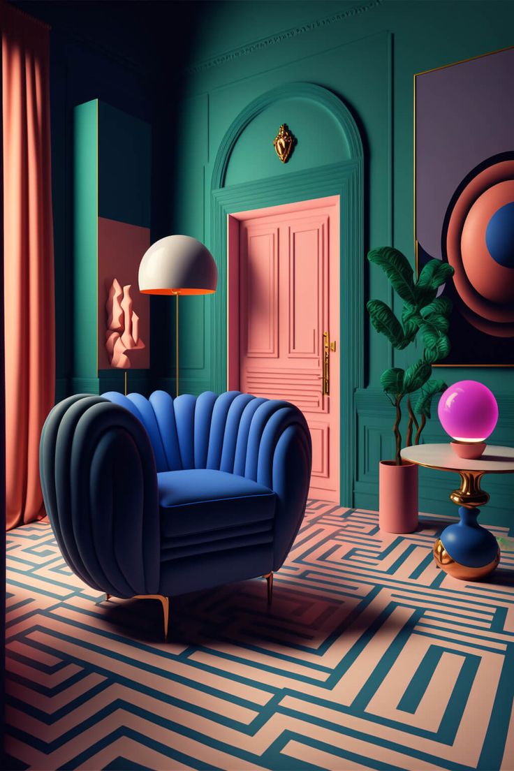 a blue chair sitting in front of a pink door next to a table with a potted plant