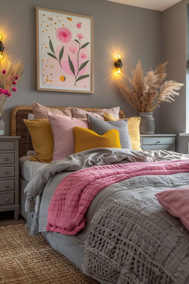 a bedroom with grey walls and yellow accents, gray bedding, pink throw pillows