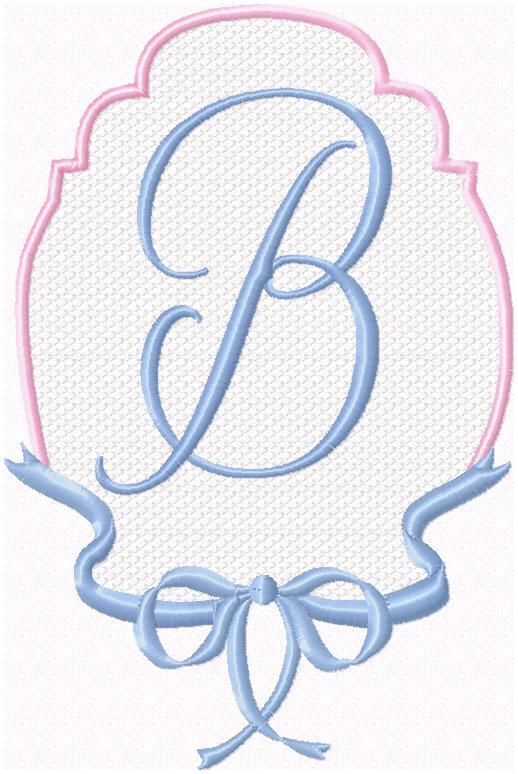 the letter b is in blue and pink with a bow on it's side