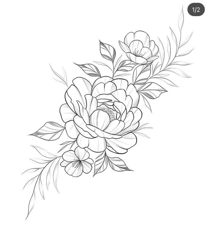 the outline of a flower with leaves and flowers on it is shown in black and white