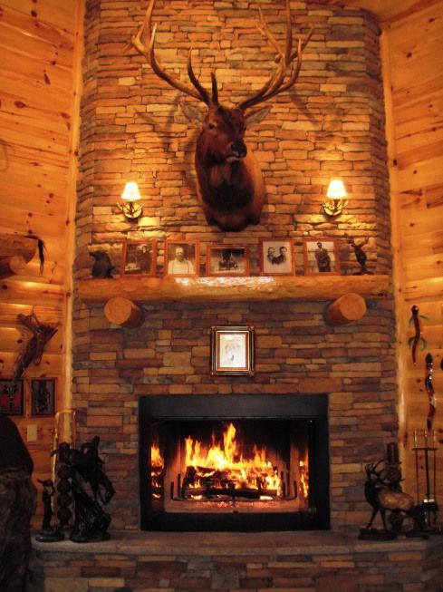 a deer head mounted on the wall above a fireplace