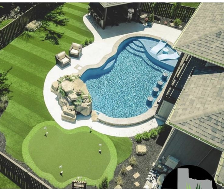 an aerial view of a backyard with a swimming pool