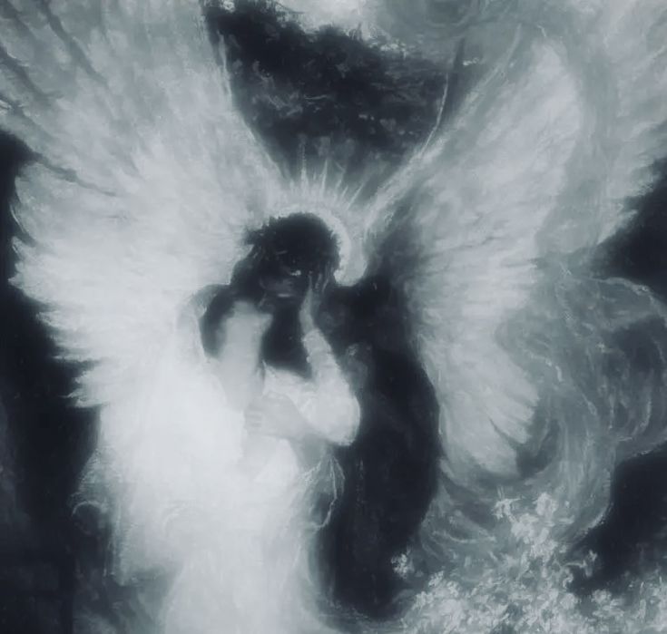 an angel with white wings standing in front of a black and white background, holding his hands to his chest