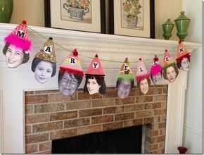 a mantel decorated with birthday hats and photos