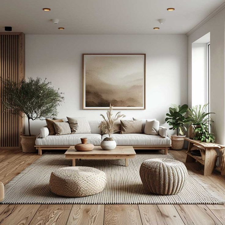 a living room with wooden floors and white couches, potted plants on top of the coffee table