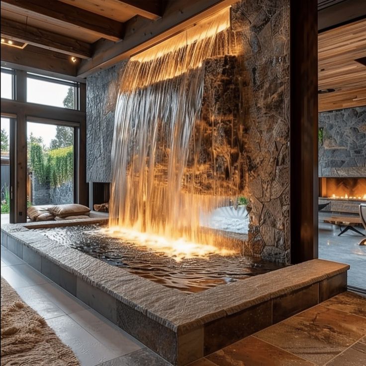 an indoor waterfall in the middle of a room with large windows and stone flooring