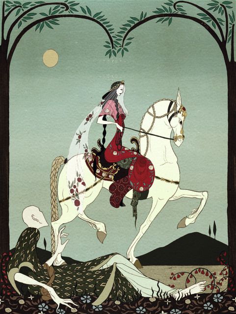 a painting of a woman riding on the back of a white horse in a forest