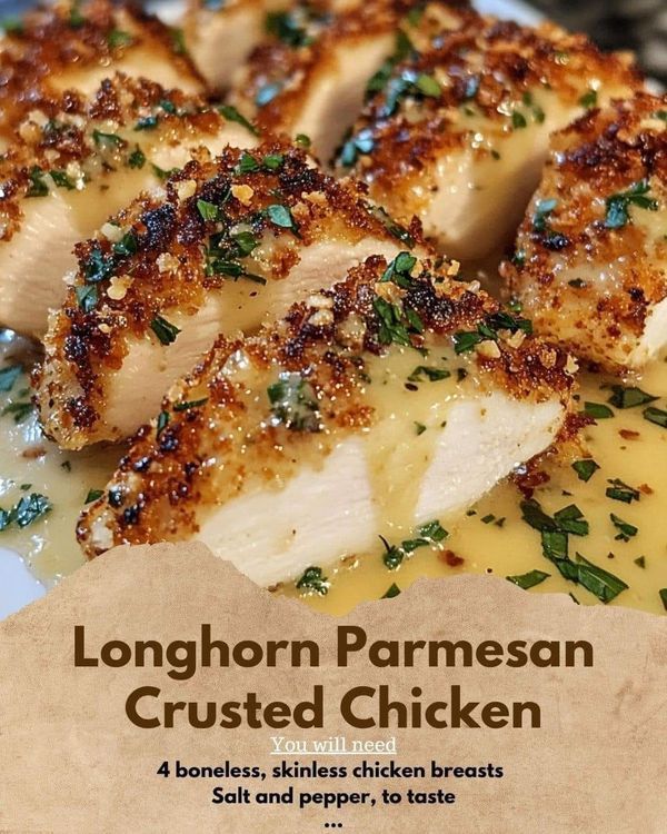 the cover of longhorn parmesan crusted chicken is shown on a plate