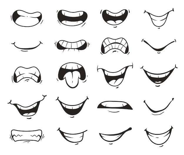 cartoon faces drawn in black and white with different expressions, including the eyes and mouth