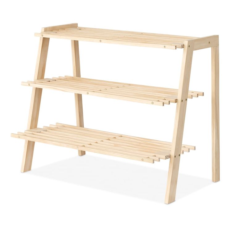 a wooden shelf with three shelves on each side