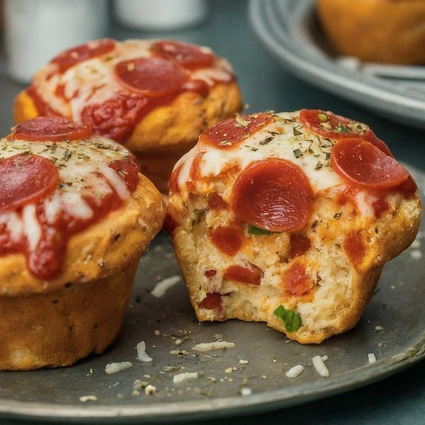 three pepperoni muffins sitting on top of a metal plate next to other plates