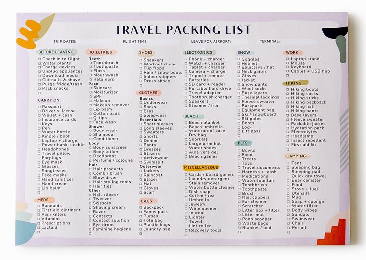 the travel packing list is displayed on a piece of paper with colorful shapes and lines