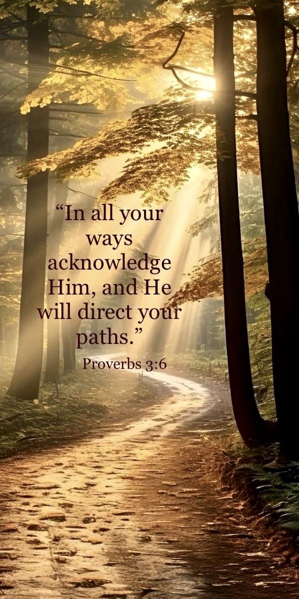 a path in the middle of a forest with sunlight coming through it and a bible verse written