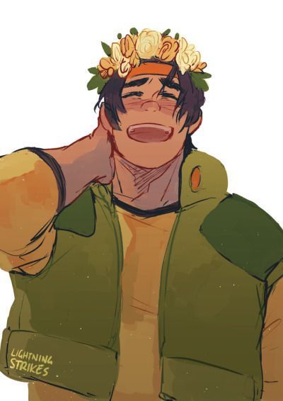 a drawing of a man with flowers on his head pointing to the side while wearing a vest