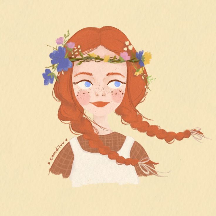 a drawing of a girl with long red hair and flowers in her hair, wearing a flower crown