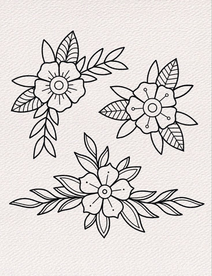 three flowers with leaves on the side and one flower in the middle, drawn by hand