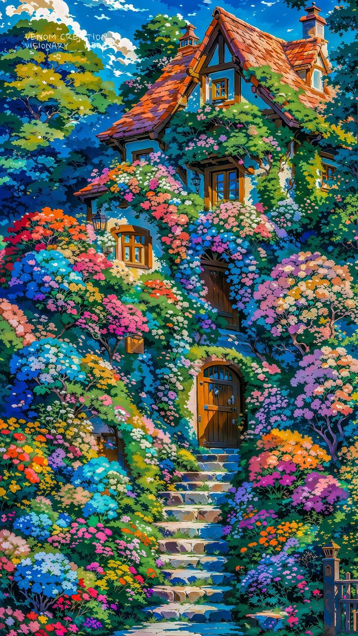 a painting of a house with flowers on the steps leading up to it's entrance