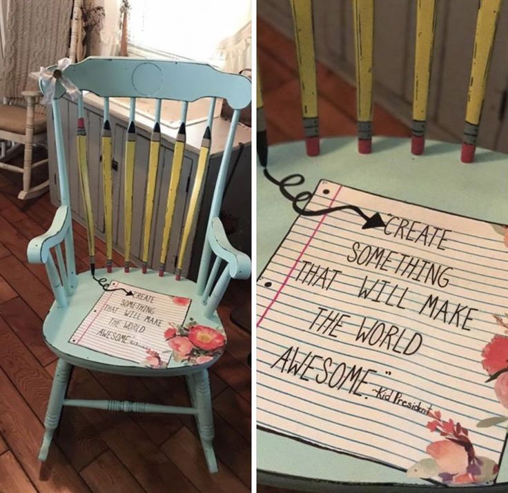 two chairs with writing on them, one is painted blue and the other is yellow