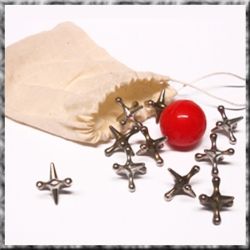 six silver crosses and a red ball on a white background