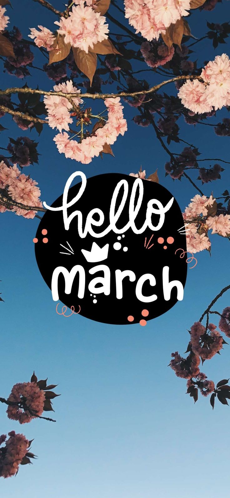 the hello march sticker is hanging from a tree with pink flowers in front of a blue sky