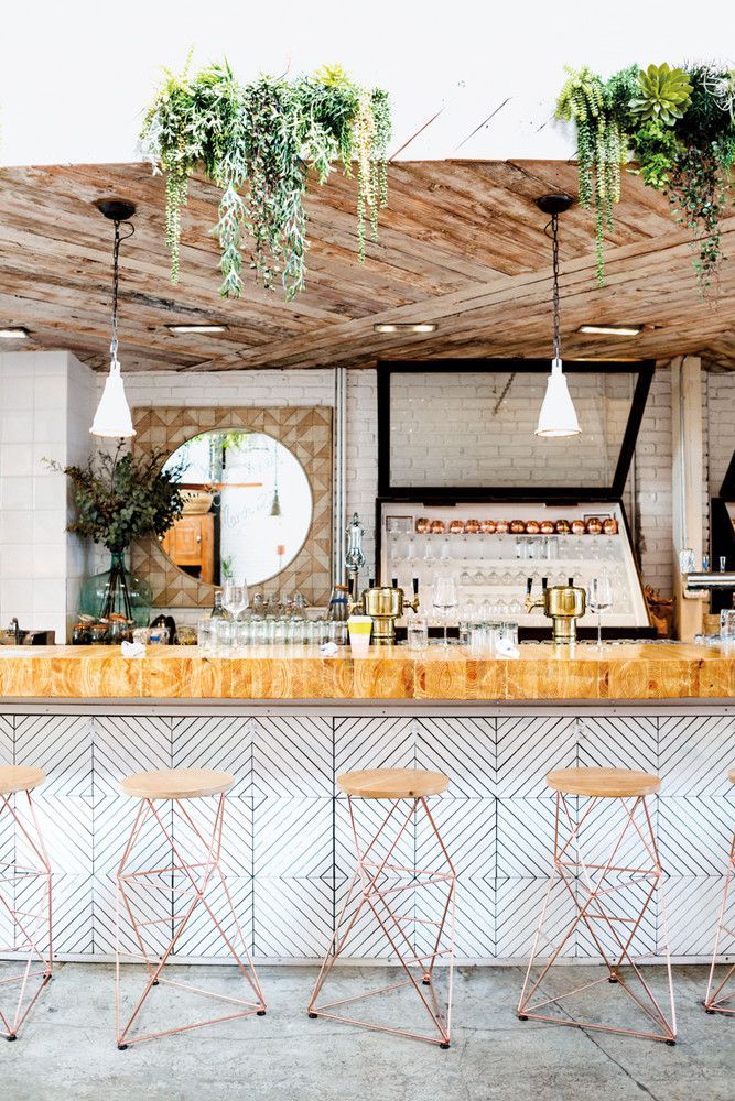 an outdoor bar with plants hanging from the ceiling and stools in front of it