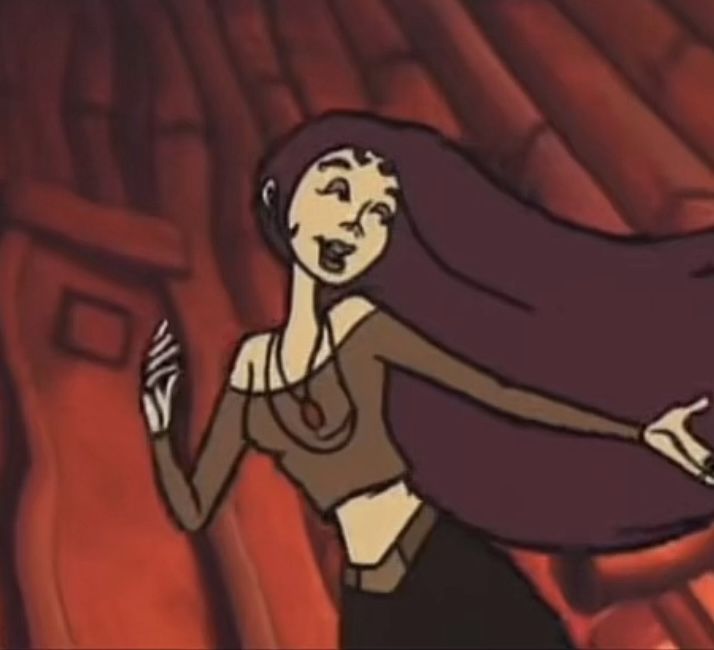 an animated image of a woman with long hair holding a cell phone in her hand