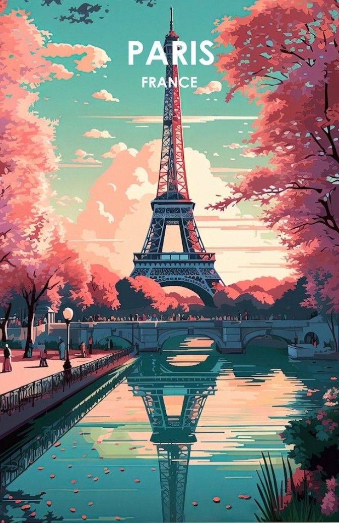 the eiffel tower in paris, france is shown with pink trees around it