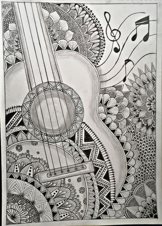 guitar art Guitar Mandala Art Drawing, Mandala Art Of Guitar, Guitar Zentangle Art, Guitar Design Drawing, Mandala Art On Guitar, Cool Guitar Drawings, Guitar Mandala Drawing, Mandala Art Music, Sketches Of Music