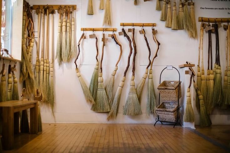 the wall is covered with many different types of brooms hanging on it's sides