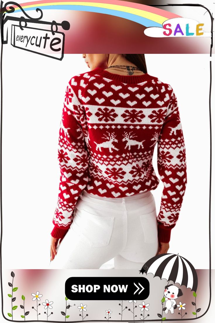 a woman in white pants and a red sweater with snowflakes on the back