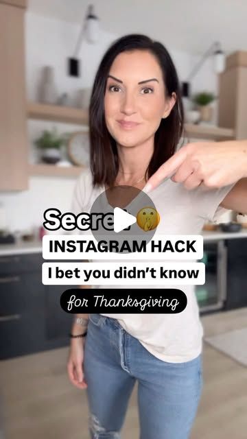 a woman pointing at the camera with an instagram sticker on her t - shirt that reads, secret instagram hack i bet you didn't know for thanksgiving