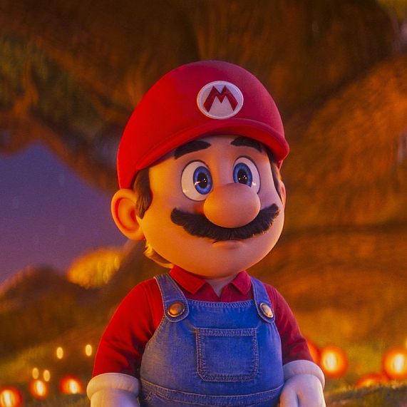 an animated mario is standing in front of some lights