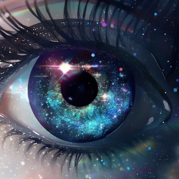 an eye with stars in the iris