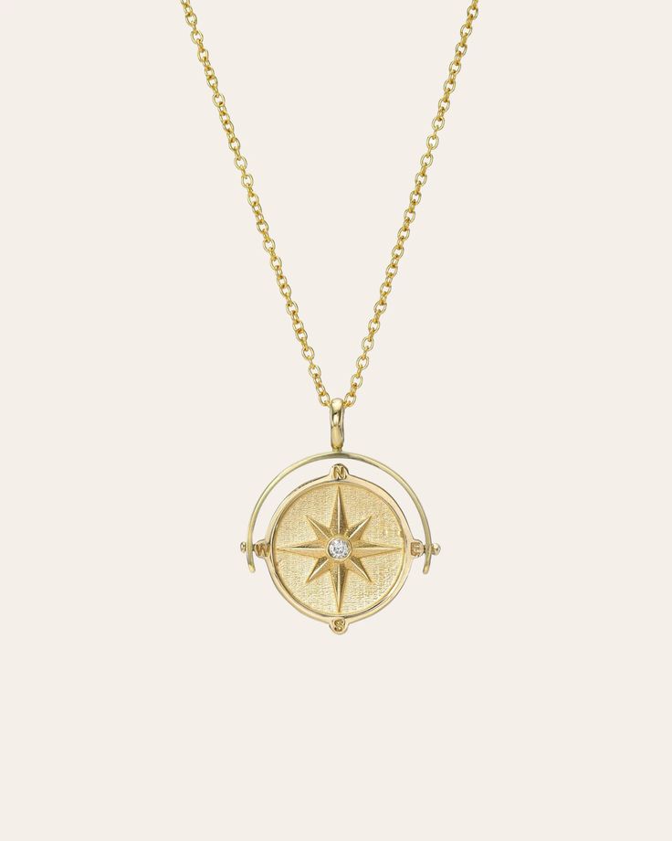 Spinner Compass Medallion Necklace - Zoe Lev Jewelry Sterling Silver Yellow Gold Compass Design Necklace, Sterling Silver Yellow Gold Necklace With Compass Design, Yellow Gold Pendant Jewelry For Travel, Celestial Yellow Gold Jewelry With Compass Design, Yellow Gold Pendant Necklaces For Travel, Gold Compass Necklace, North Star Necklace, Travel Necklace, Compass Necklace