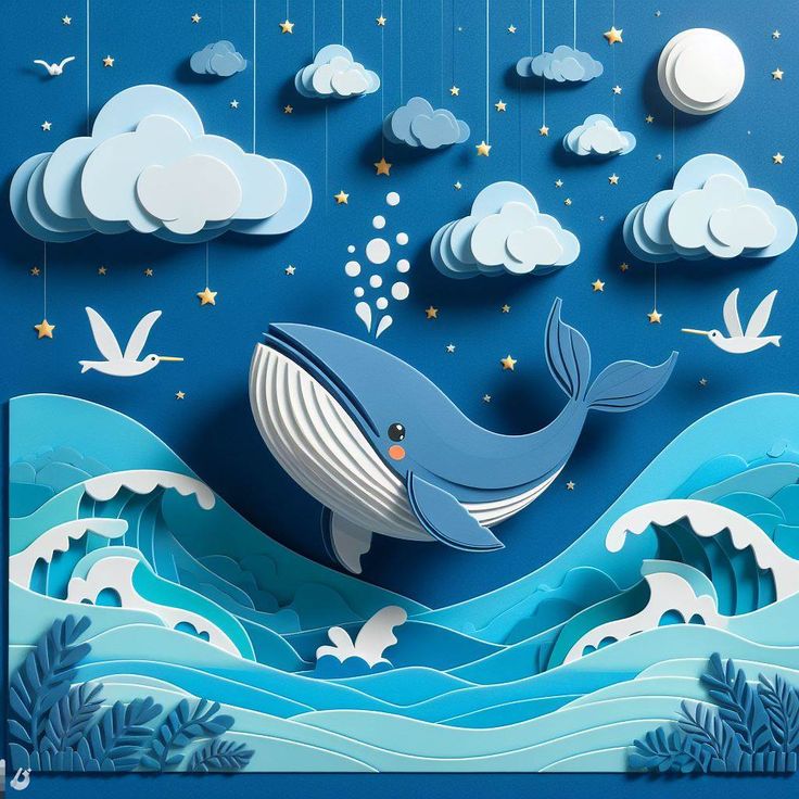 a paper cut whale floating in the ocean with clouds and seagulls above it