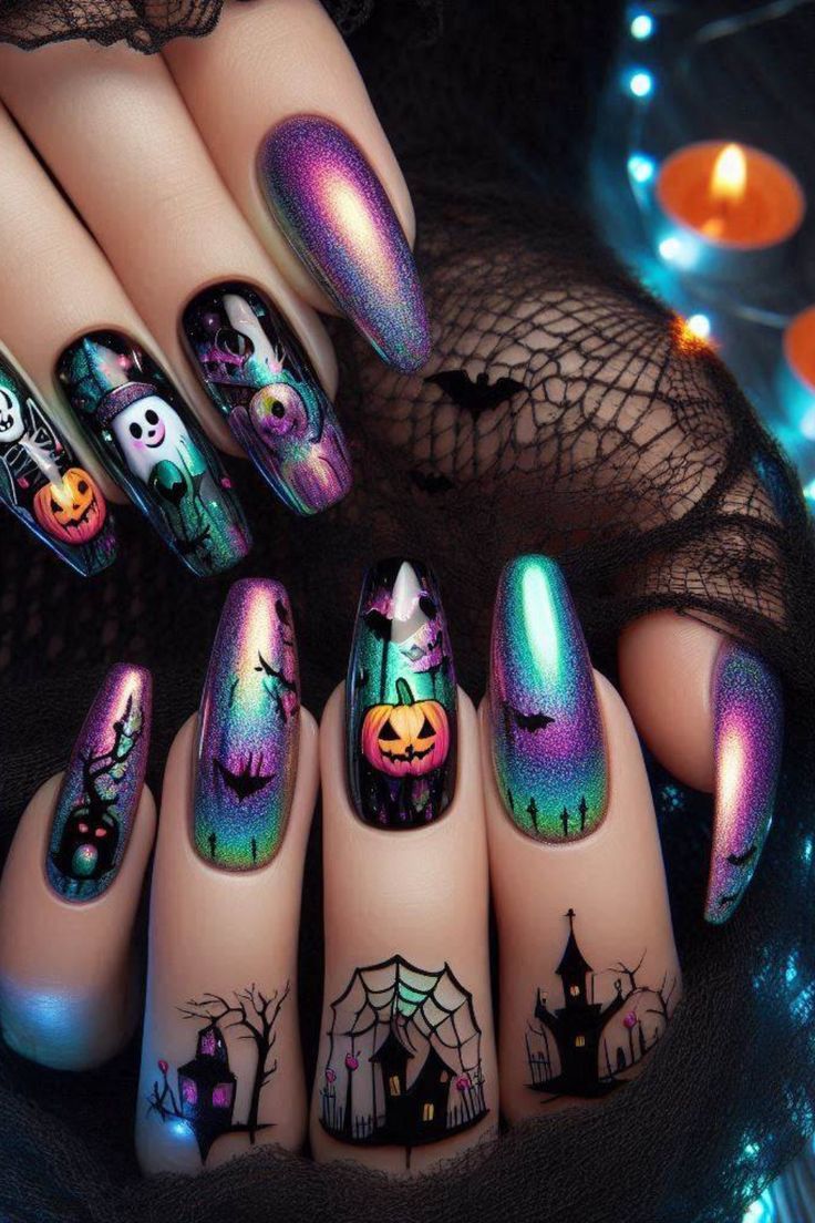 #HolographicNails #HalloweenNailArt #FuturisticNailDesigns #FunHalloweenNails #NailInspiration #SpookySeason #IridescentNails #HalloweenManicure Futuristic Nails, Baby Blue Nails, Fall Nail Trends, Blue Nail Art, With Nails, Halloween Nail Designs, Halloween Designs, Halloween Nail, Orange Nails