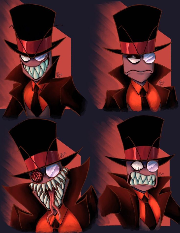 four different angles of an animated character wearing a red suit and top hat with teeth